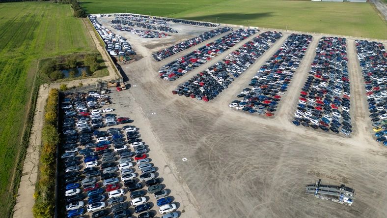 Rows of vehicles in a dealership storage lot